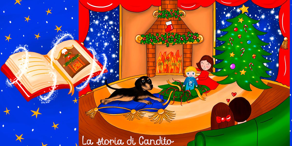 la-storia-di-candito-facebook-antefatto Storie di cani: il cane Candito con Cicciobello Bua davanti al camino e all'albero di Natale