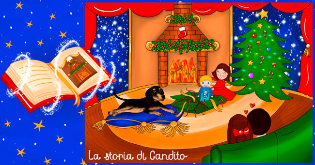 la-storia-di-candito-facebook-antefatto Storie di cani: il cane Candito con Cicciobello Bua davanti al camino e all'albero di Natale