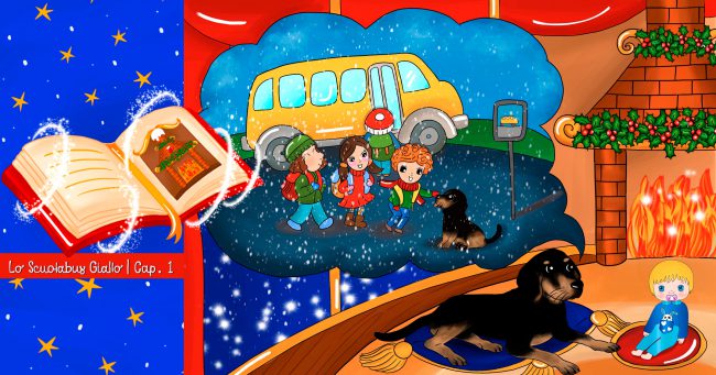 la-storia-di-candito-facebook-lo-scuolabus-giallo Storie di cani: disegno in cui il cane Candito racconta a Cicciobello la sua storia