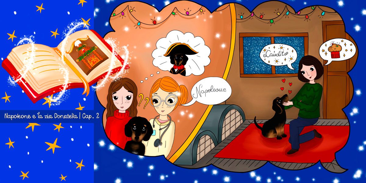 Storie di cani: disegno in cui il cane Candito incontra la veterinaria Donatella