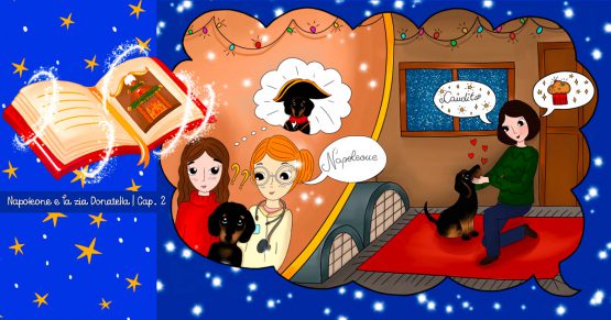 Storie di cani: disegno in cui il cane Candito incontra la veterinaria Donatella