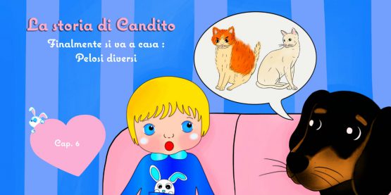 Storie di cani: disegno in cui il cane Candito racconta a Cicciobello la sua storia