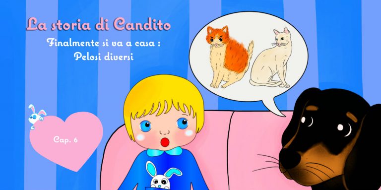 Storie di cani: disegno in cui il cane Candito racconta a Cicciobello la sua storia