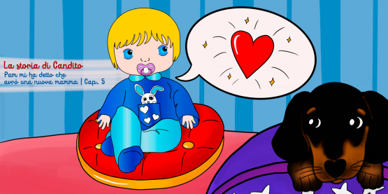 Storie di cani: disegno in cui il cane Candito racconta a Cicciobello la sua storia